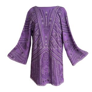 ZARA Beaded Tunic Mini Dress in Purple - Bell Sleeve Boho Glam Festival Size M-L